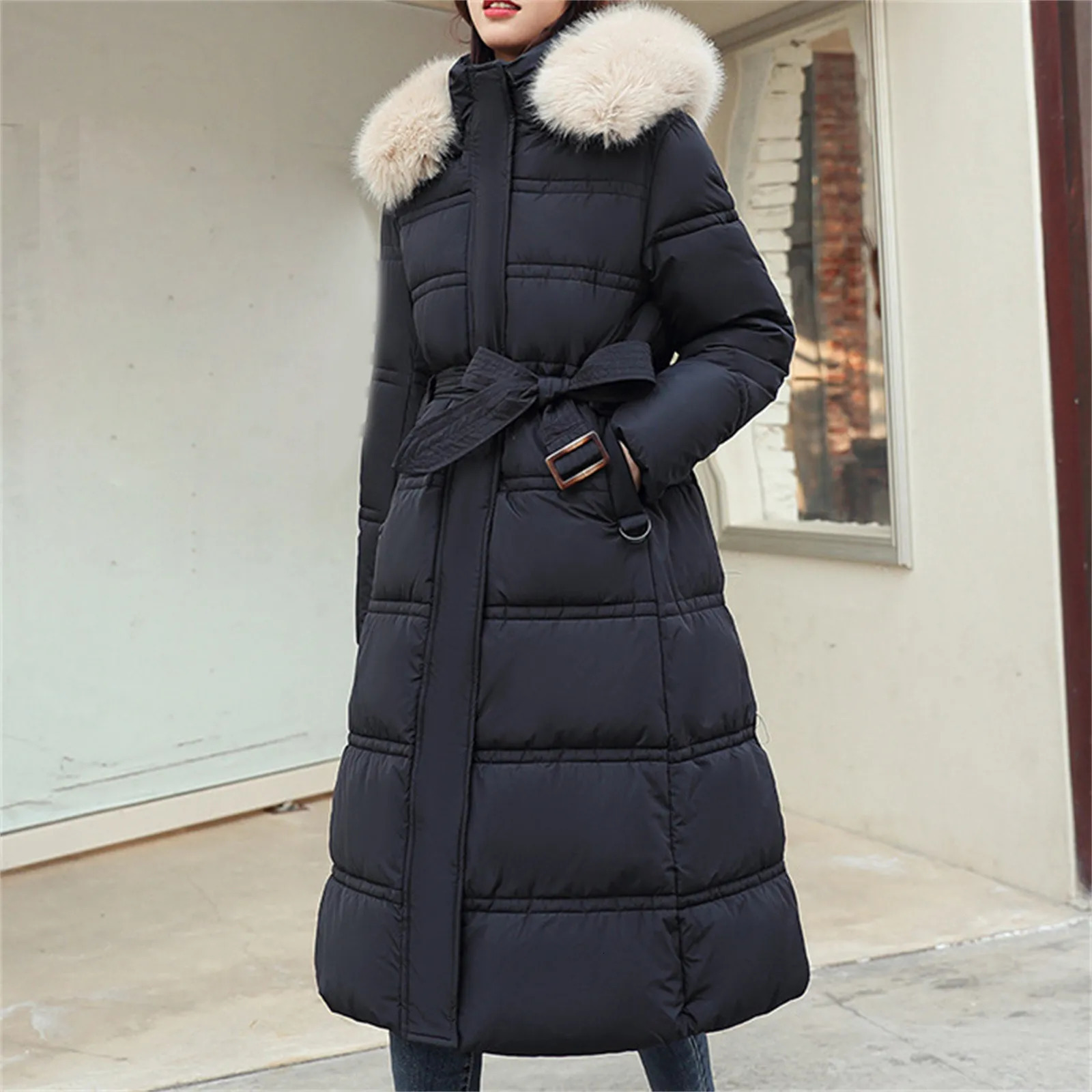 Womens long winter inflatable jacket with belt maximum down jacket fur collar detachable hooded park winter thick warm snow coat 241023