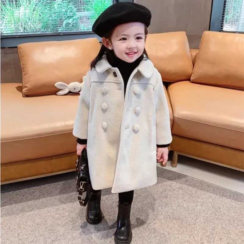 Childrens medium length wool cotton coat 2024 winter girl baby Korean thick double-layer warm casual jacket W241023