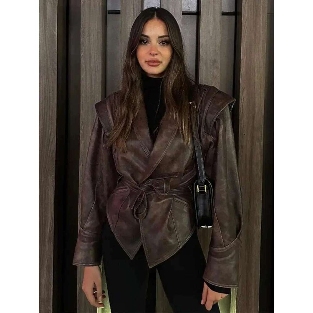 Pu Motorcycle Coat Women Fashion Spring Autumn Faux Leather Jacket Vintage V Neck Female High Street Casual Ladies Outwear