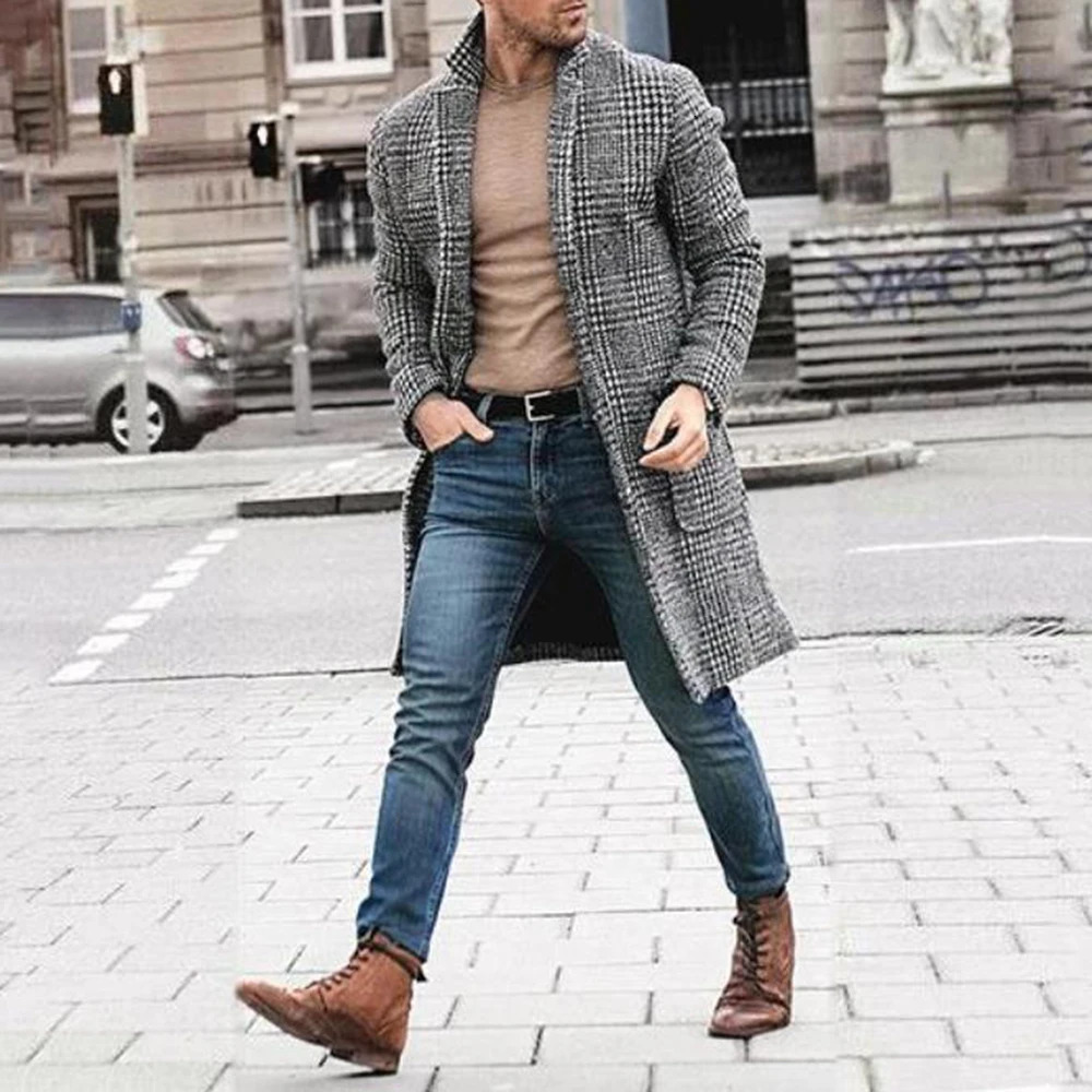 Mens intelligent style casual fashion autumn and winter trend retro medium long hunting dog stone wool coat suitable for young and handsome jackets 24