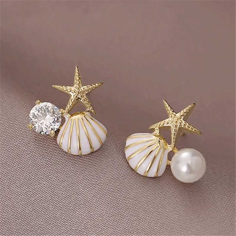 White Pink Shell Starfish Stud Earrings for Women Cute Asymmetric Imitation Pearl Rhinestones Beads Charms Small Ear JewelryX241023