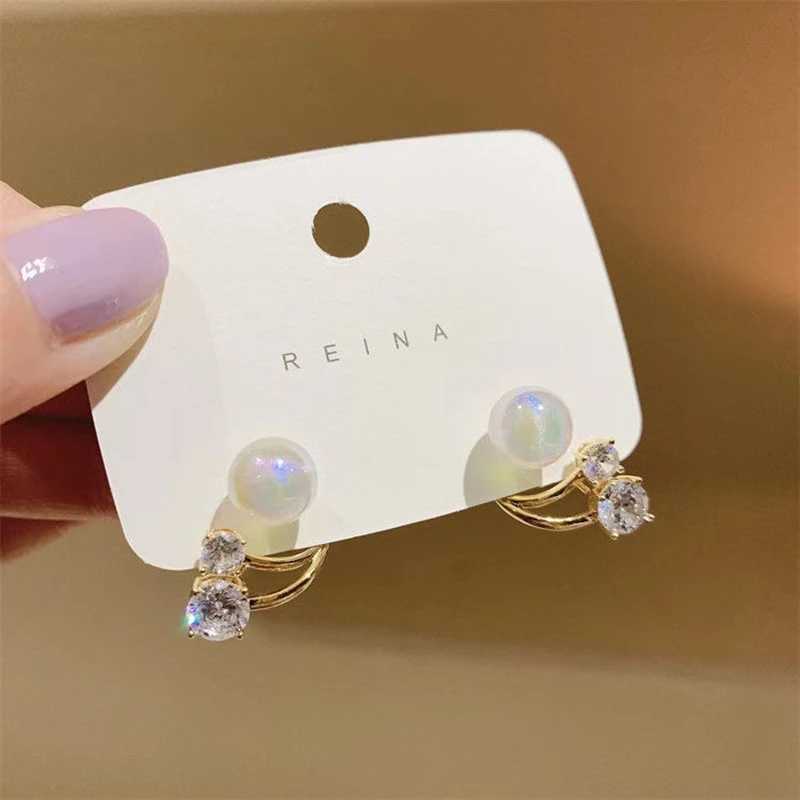 Korean Unique Pearl Crystal Back Double Sided Stud Earrings for Women Jackets Curved Piercing Ear Jewelry Pendientes GiftX241023