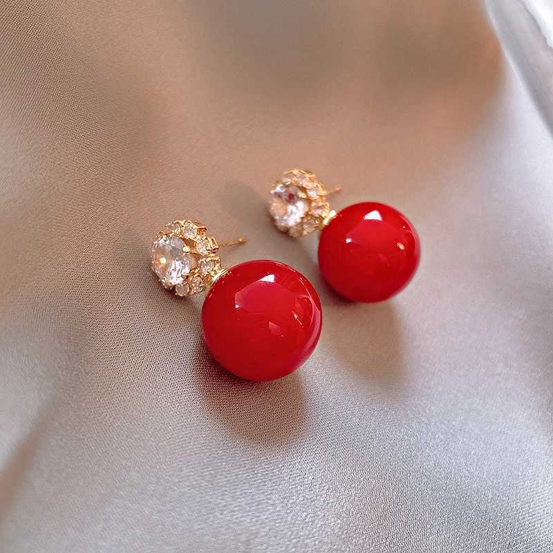 Zircon round red pearl earrings suitable for women light weight high temperature suitable for women W241023