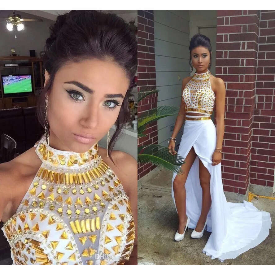 2018 African Gold Crystal Two Piece Dresses Neck White Chiffon Sexy High Split Prom Party Gowns Open Back Women Pageant Dress