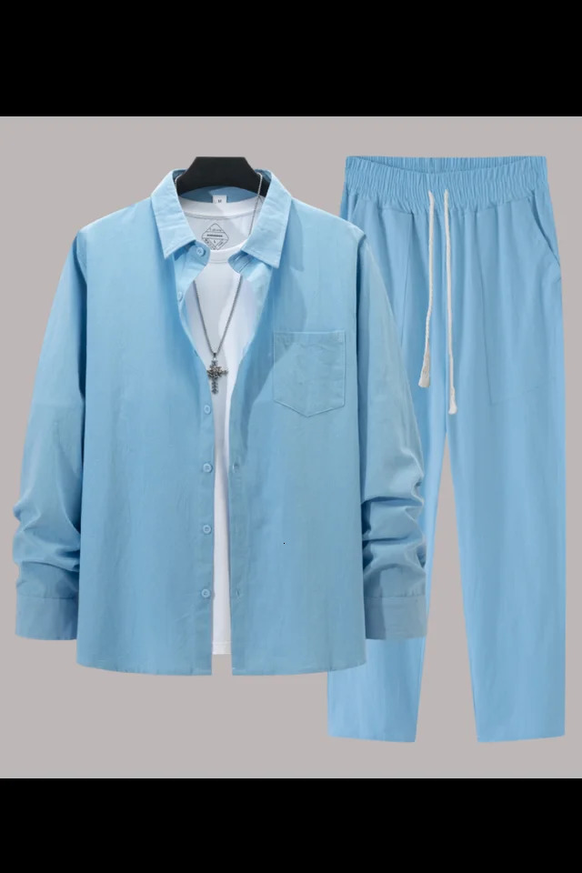 Mens cotton linen long sleeved shirt casual long sleeved pants two sets 241024