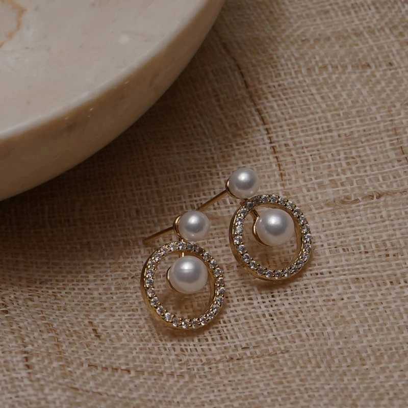 Vintage Fashion Geometric Round Zircon Pearl Earrings for Women Simple Small Cute Stud Earring Korean Jewelry 2022 New FashionX241023