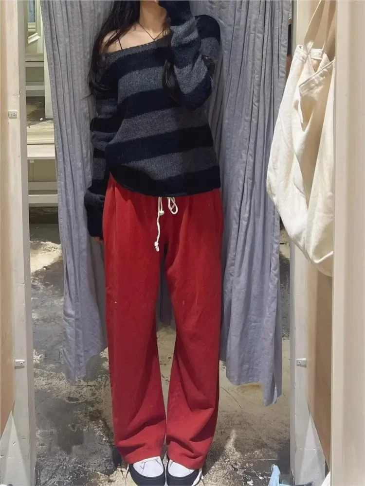 Red elastic waistband brushed loose womens autumn trend straight leg pants loose and versatile 241023