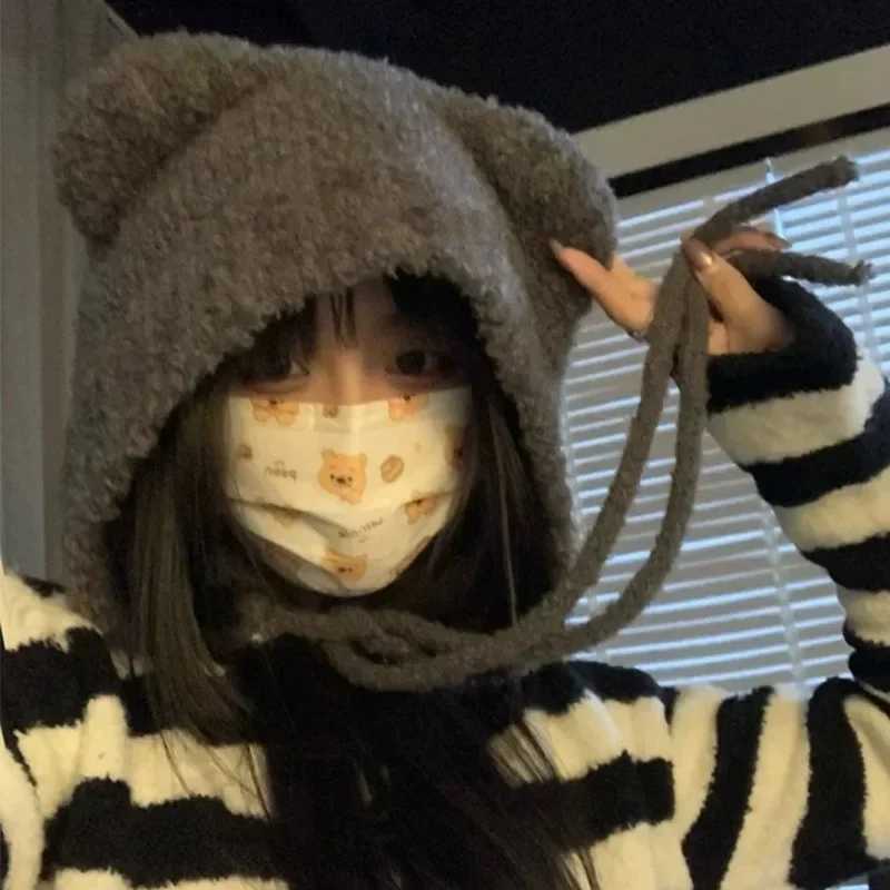 Fashionable Warm Bean Hat Winter Warmth Cute Bear Ear Hat Casual Plush Hat Warm Girl Ear Hoods Windproof Hat X241023