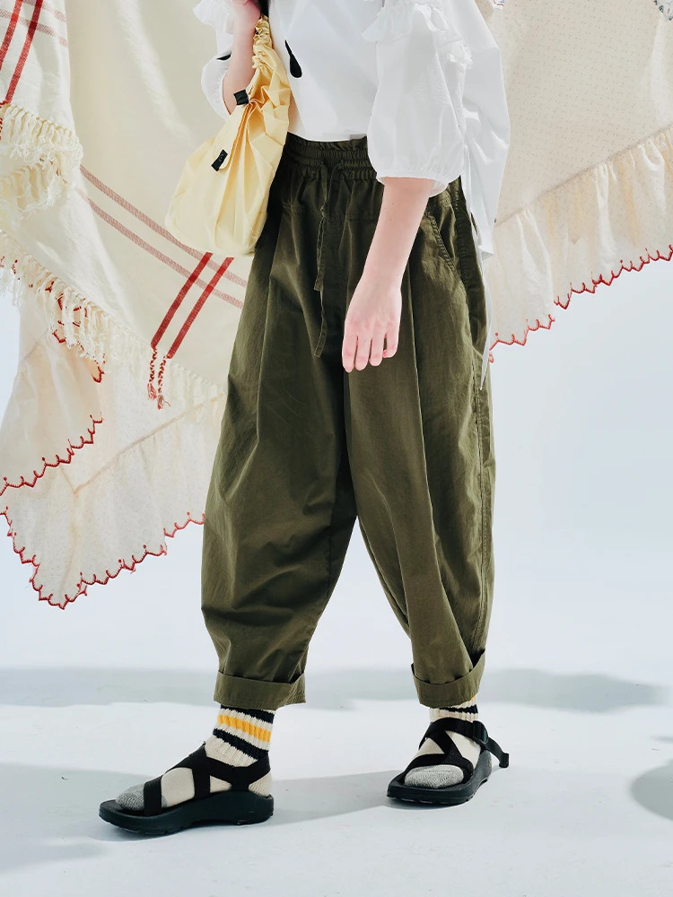 IMAKOKONI original green elastic waist casual pants pocket solid color loose casual pants for women 234054 241023