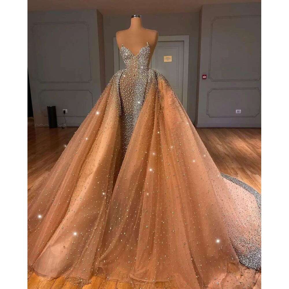 Evening Sleeveless Srapless V Neck Sequins Appliques Pearls Lace Detachable Train Prom Dresses Gowns Custom Made