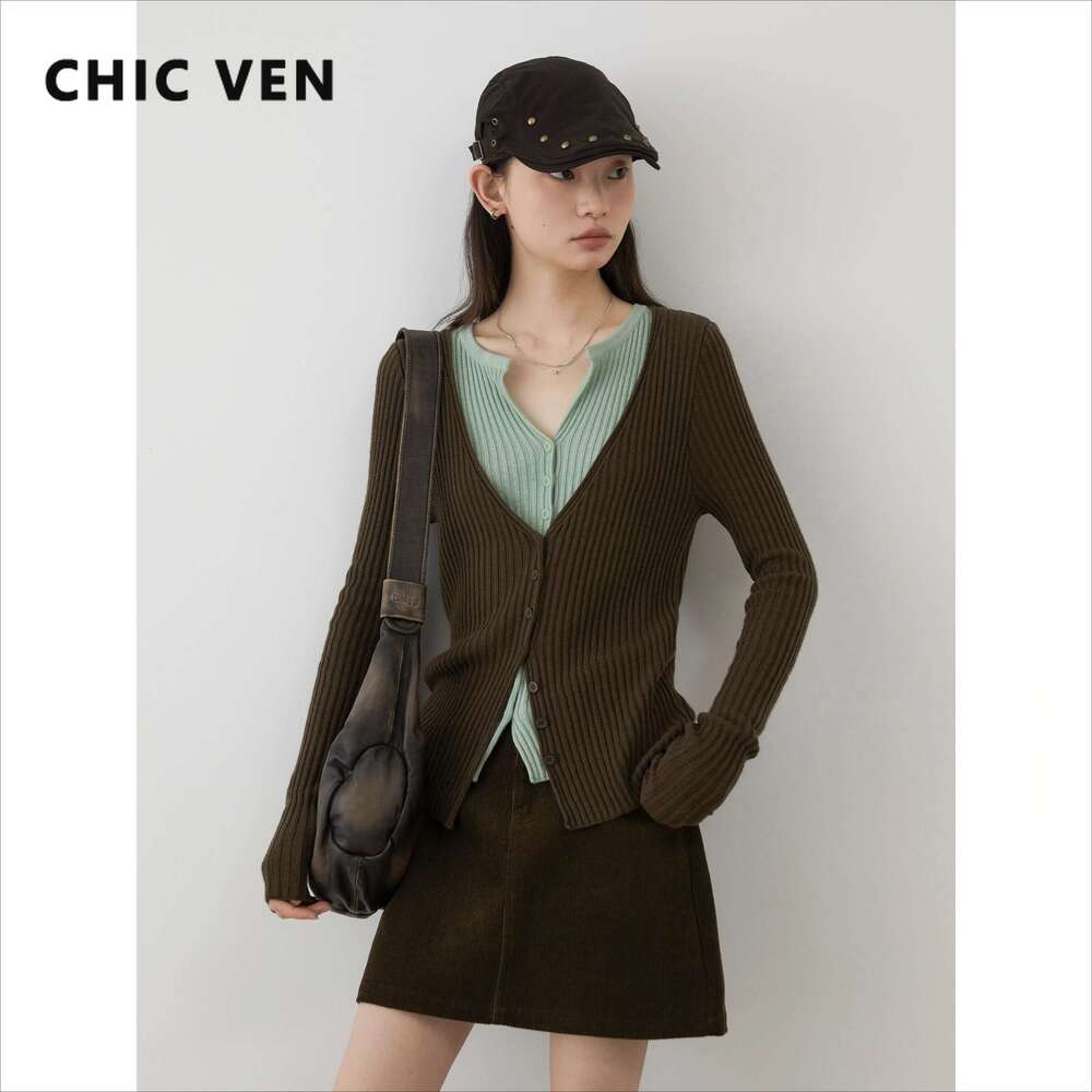 CHIC VEN Women's Sweaters New Retro V-Neck Contrast Color Slim Fit Long Sleeved Knitted Jumpers Female Top Autumn Winter 2024