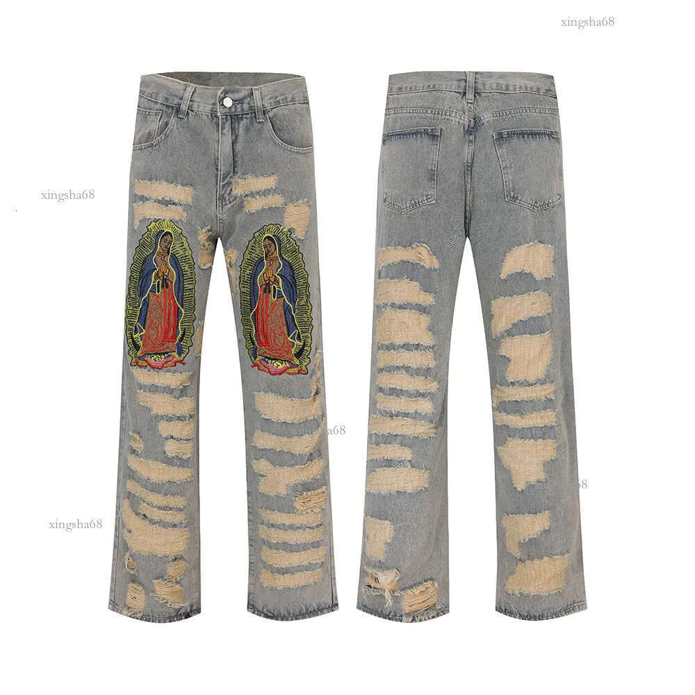 Men's Jeans Y2K Hole Distressed Embroidery Baggy Denim Trousers Unisex Straight Hip Hop Loose Jeans Ripped Casual Men's Cargo Panrs Oversize