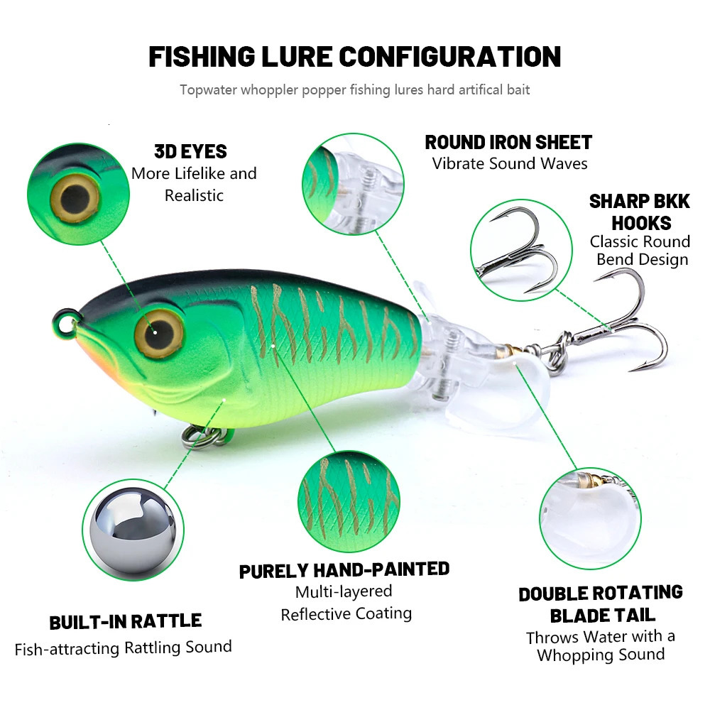 TREHOOK 9g8g14g17g24g Topwater Whopper Popper Fishing Lures Rotating Double Propeller Tail Artificial Bait Floating Wobblers 241024