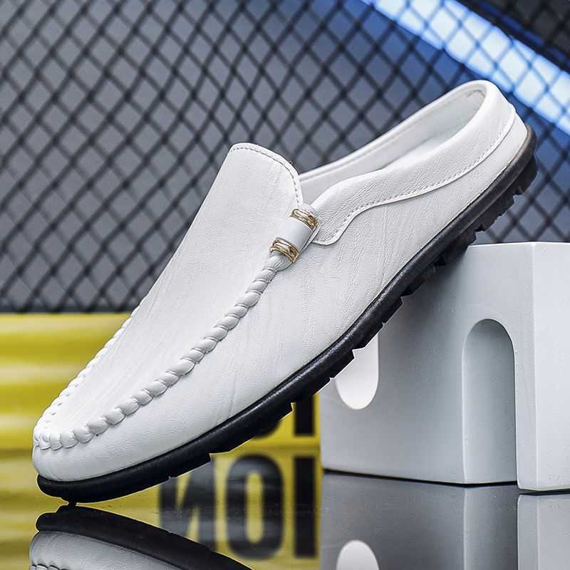 Men Dress Shoes Summer British Bean Shoes Mens Half Slippers Lazy One Step Leather Shoes No Back Heel Breathable Mens Casual Shoes 241009