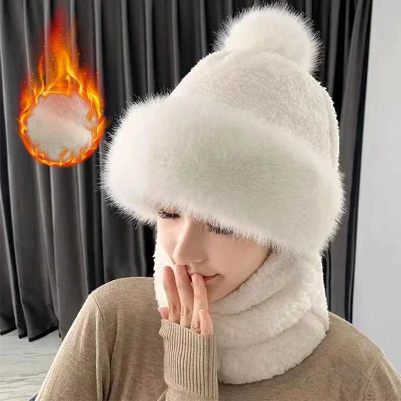 2024 Winter Scarf Set for Warm Plush Collar Warm Russian Outdoor Skiing Windproof Hat Thick Plush Bean Hat X241023