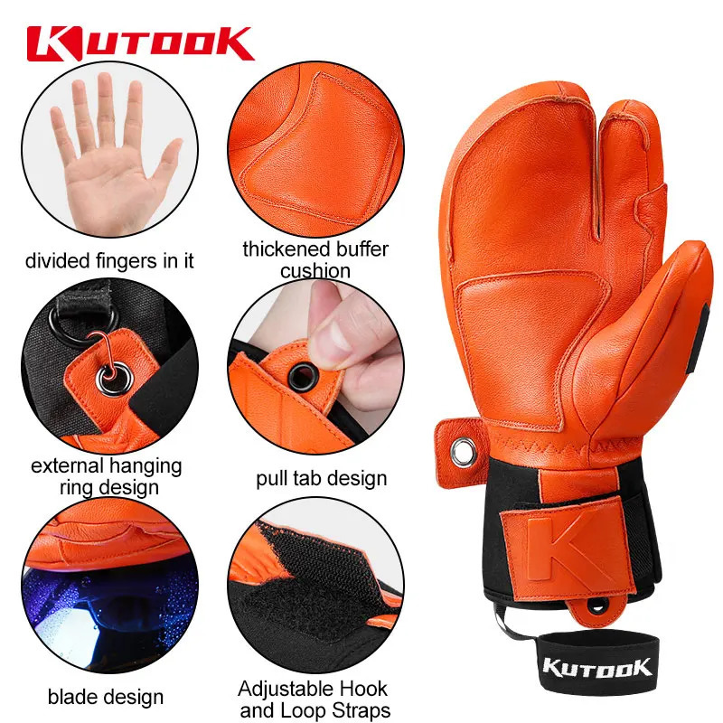 KUTOOK Winter Ski Gloves Goatskin Leather Mittens Thinsulate Snowboard Thermal Warm Skiing Waterproof Men Women 241024