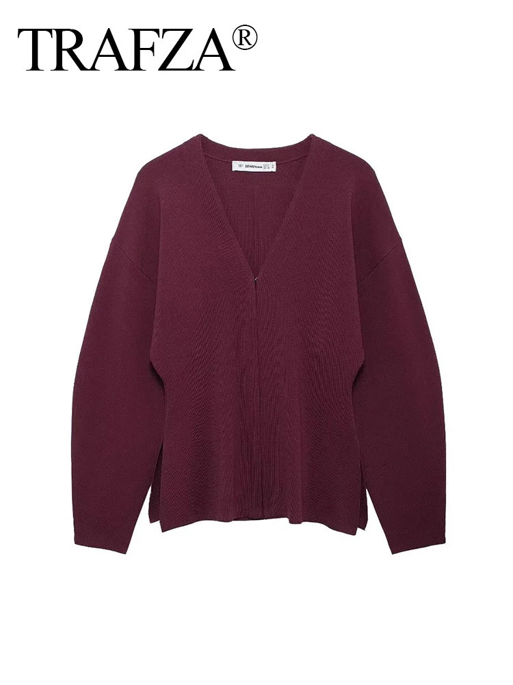 TRAFZA Womens Elegant Knitted Coat Fashion Burgundy Red V-neck Ultra thin Cardigan Autumn Office Womens Unique Solid Long Sleeve Coat 241024