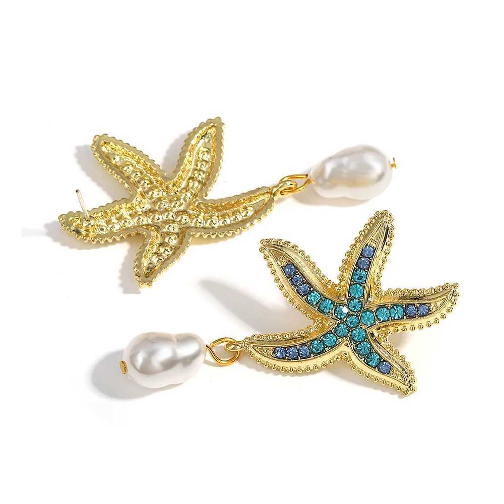 Bohemian Starfish Earrings Pearl Blue Rhinestone Pendant Earrings Suitable for Women Starfish Jewelry Summer Holiday Beach Gifts W241023