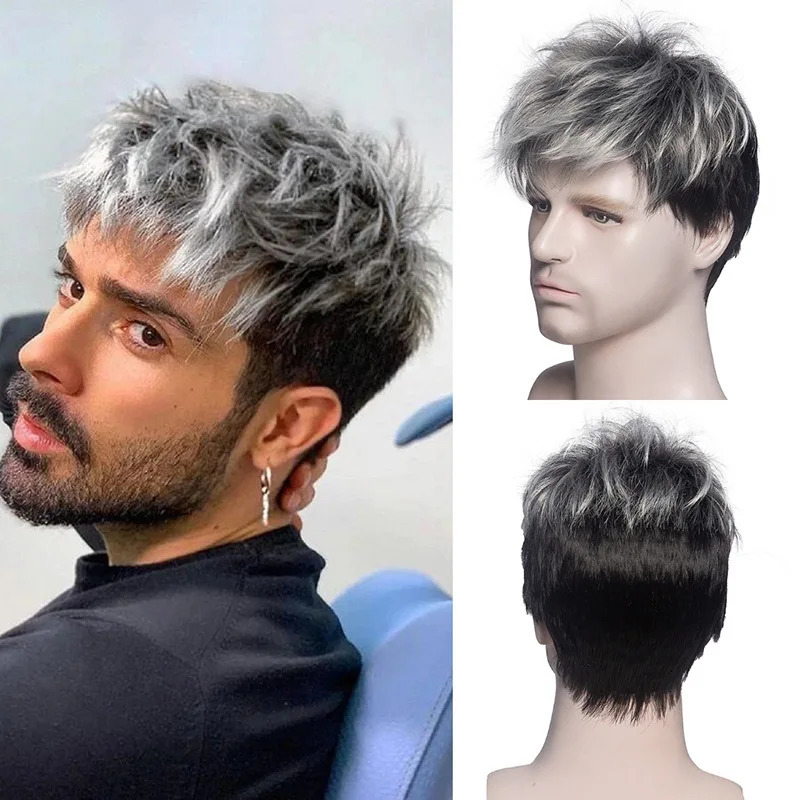 HANEROU Short Men Synthetic Wig Curly Black Natural Wigs with Bangs High Temperature Fiber for Daily Cosplay Party 241024