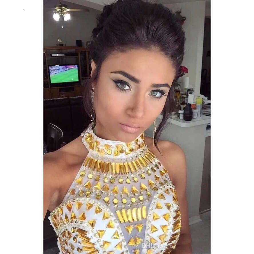 2018 African Gold Crystal Two Piece Dresses Neck White Chiffon Sexy High Split Prom Party Gowns Open Back Women Pageant Dress