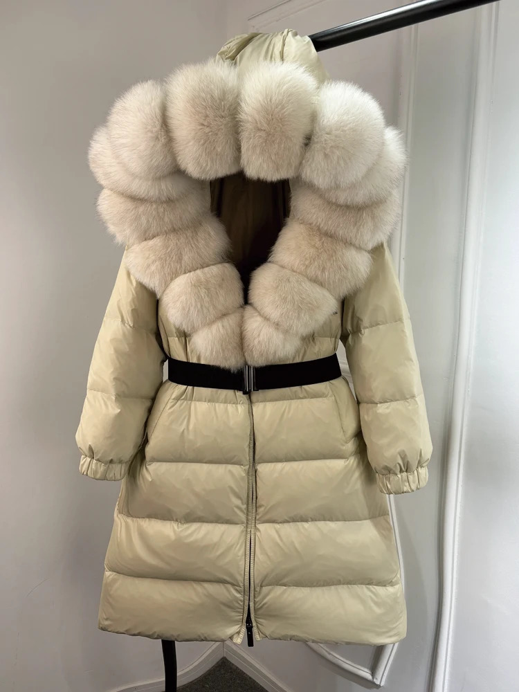 Lagabogy Winter Inflatable Jacket Womens Fox Fur Hooded Collar Thick Warm White Down Jacket Loose Coat 241023