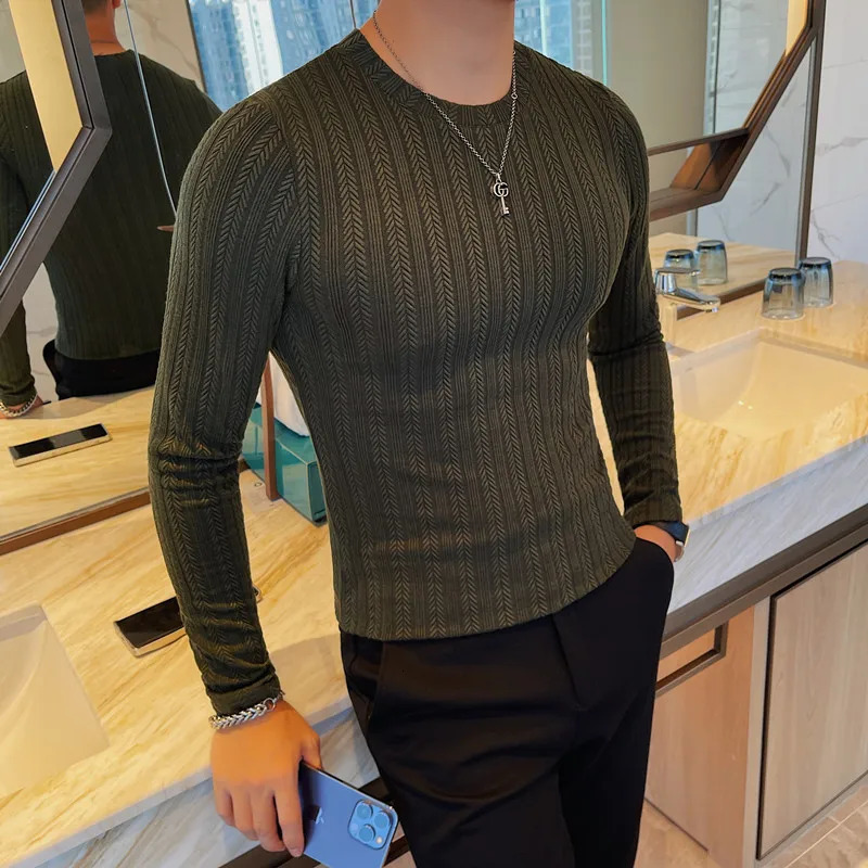 Mens autumn long sleeved casual mens T-shirt fully matched O-neck slim fit elastic T-shirt mens plus size 4XL 241024