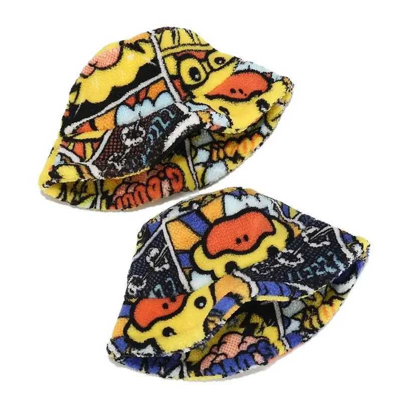 New cute cartoon duck print winter bucket hat suitable for mens thick women with fluffy fur warm Panama hat outdoor fisherman hat party X241023