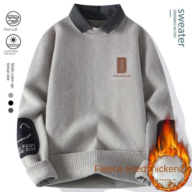 Ferret Velvet Hipster NASA Fake Two Shirt Neck Sweater Knit Sweater Men Extra Thick Fleece Casual Daily Handsome Fashion Sweater LX241024