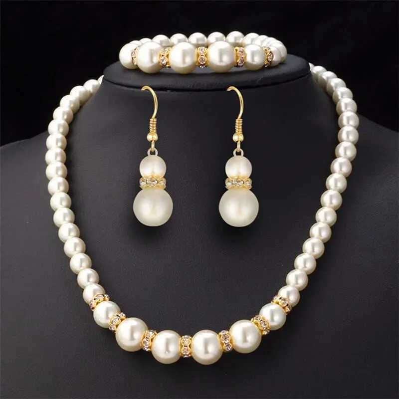 Simulated pearl necklace bracelet earring set three piece set W241023