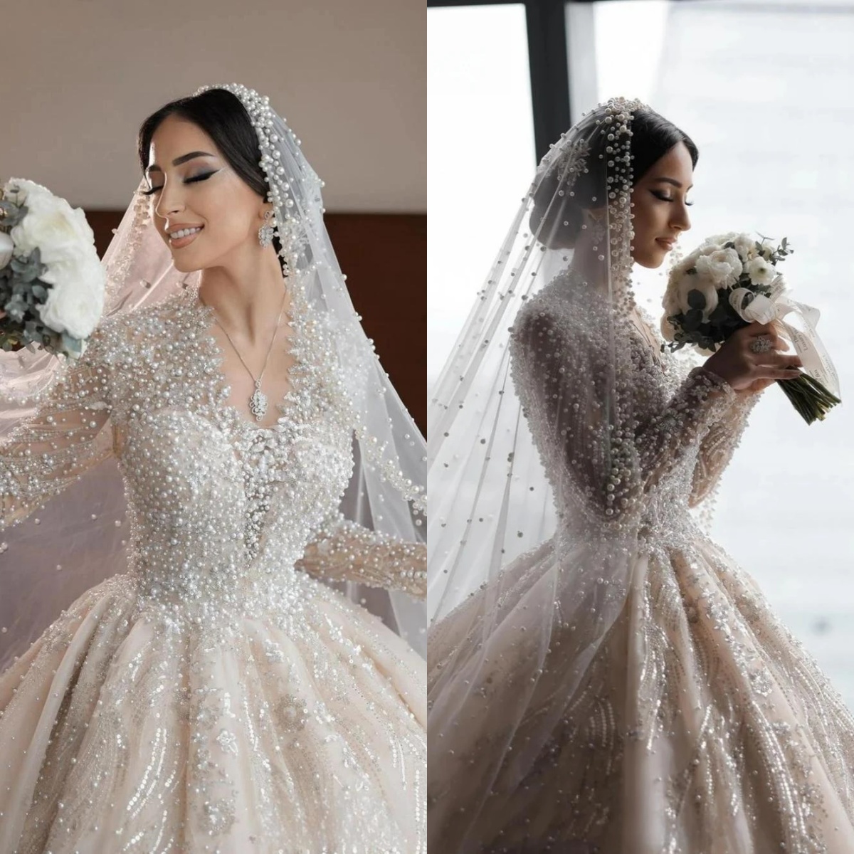 Glamorous More Pearls Wedding Dresses Sequins Bride Gown V Neck Long Sleeve Bridal Dress Sweep Train Custom Made Vestidos De Novia