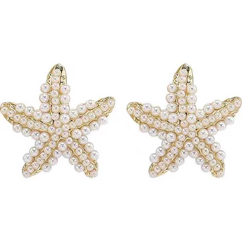 Elegant Imitation Pearls Starfish Stud Earrings for Women Gold Color Copper Metal Anti Allergic Versatile Jewelry GiftX241023