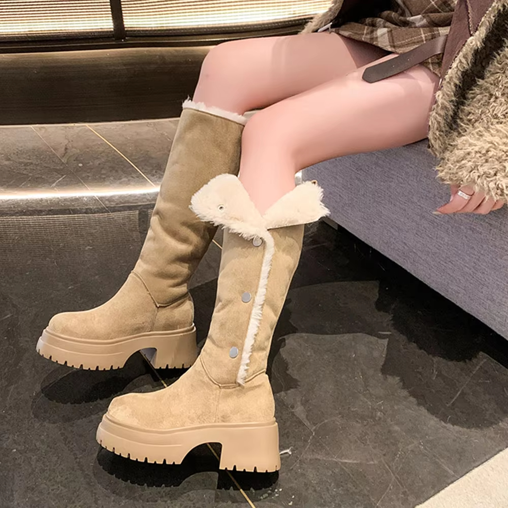 Designer Snow Slimming Women's Vintage Knight Square Toe High Heels Heaps Boots Long Buttons Warm Suede Womens Boots
