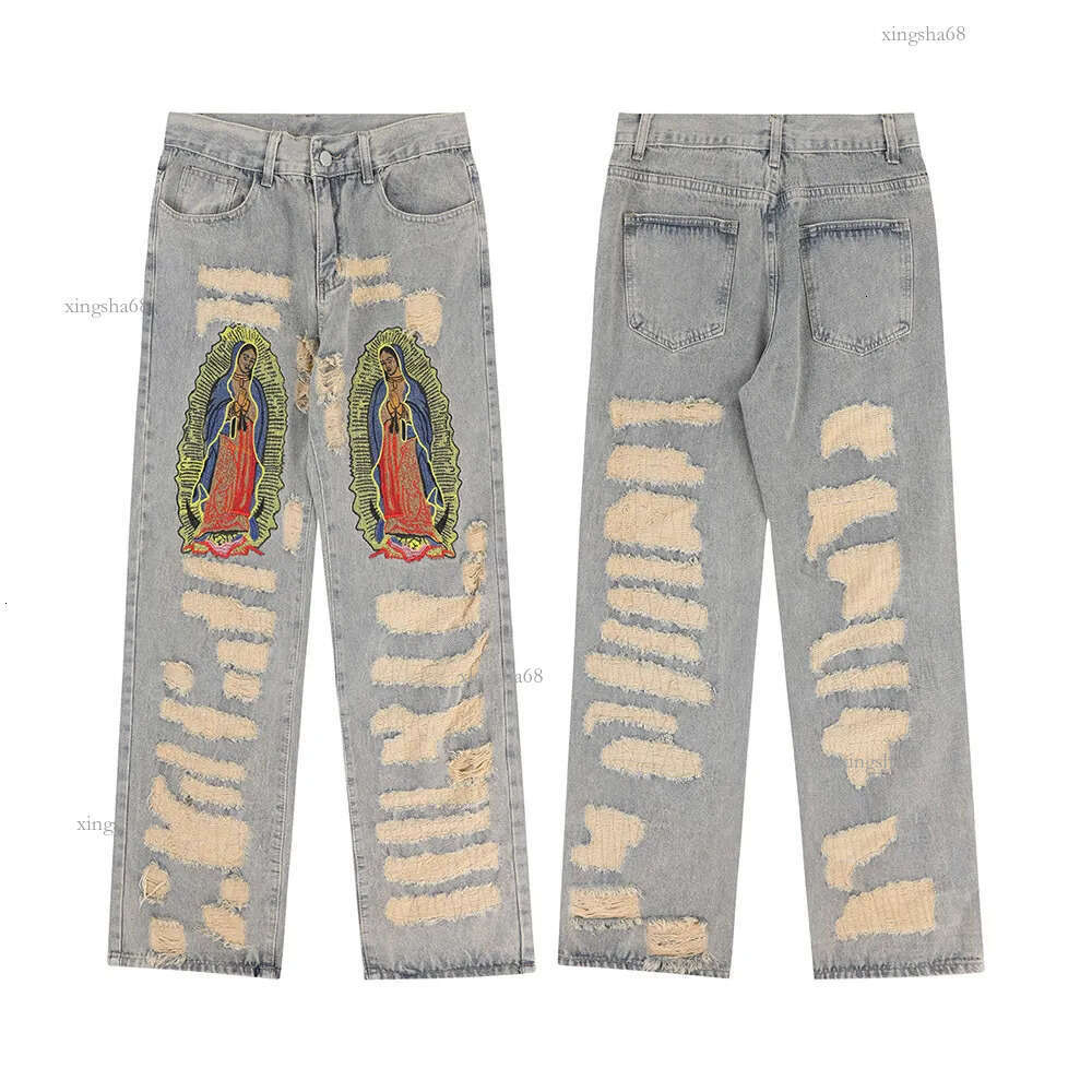 Men's Jeans Y2K Hole Distressed Embroidery Baggy Denim Trousers Unisex Straight Hip Hop Loose Jeans Ripped Casual Men's Cargo Panrs Oversize