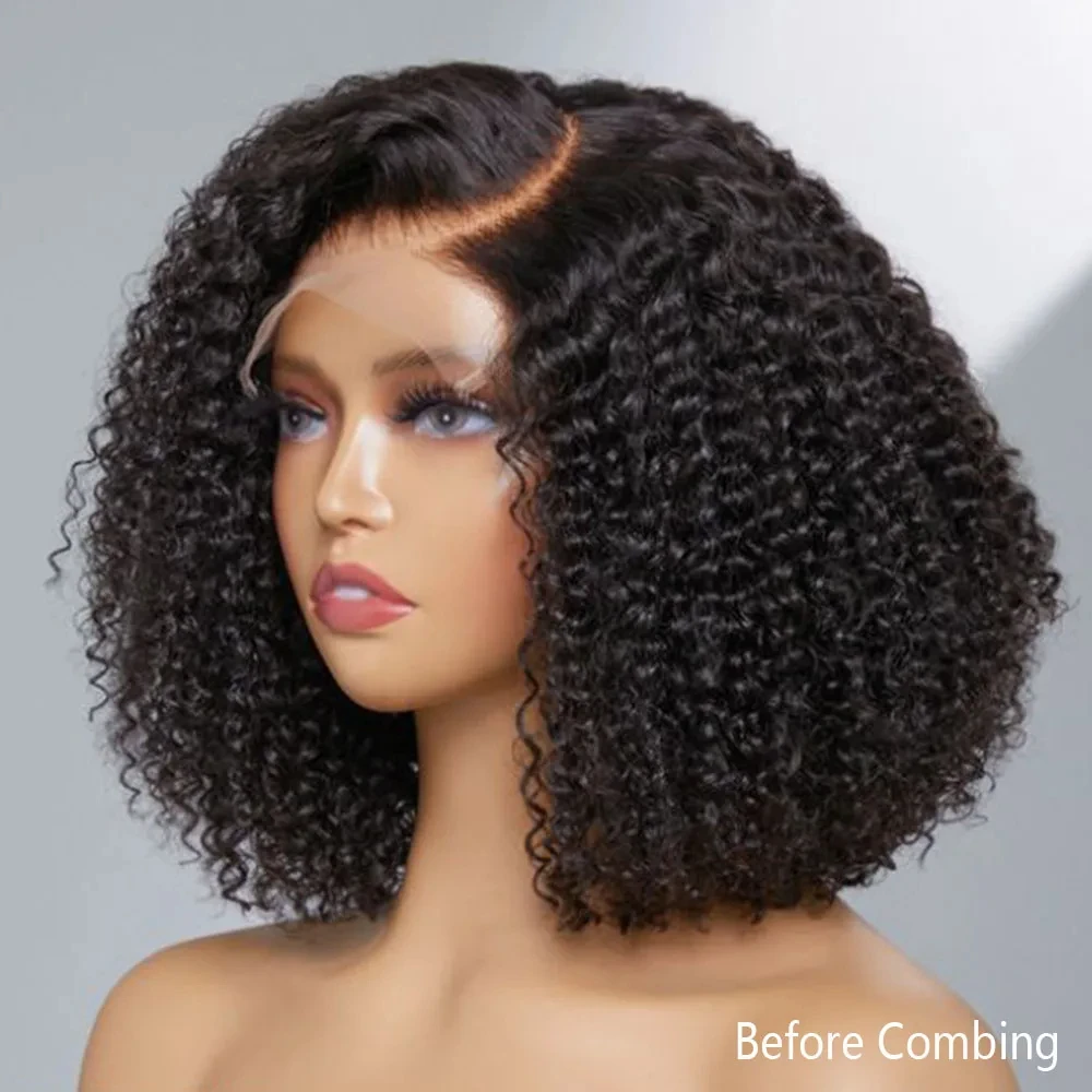 250% Density Brazilian Short Bob Jerry Curly Human Hair 13x4 Transparent Frontal Full Lace Front Wig Synthetic for Women