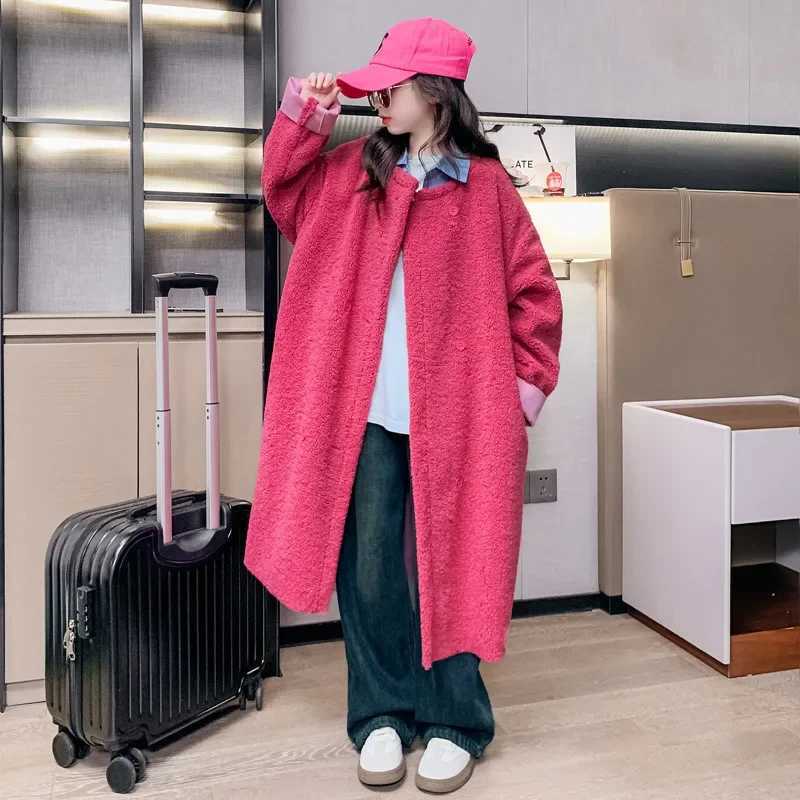 Girls fur coat autumn long wool coat youth coat rose casual loose childrens clothing 12 13 14 years old W241023