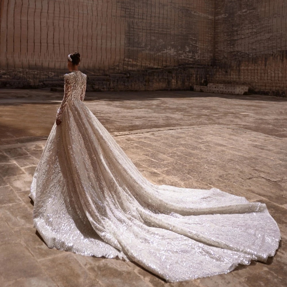 Urious Crystal Wedding Dresses High Neck Sequins Bride Gown A-E Bridal Dress Shiny Long Sleeves Custom Made Sweep Train Vestidos De Novia 0219