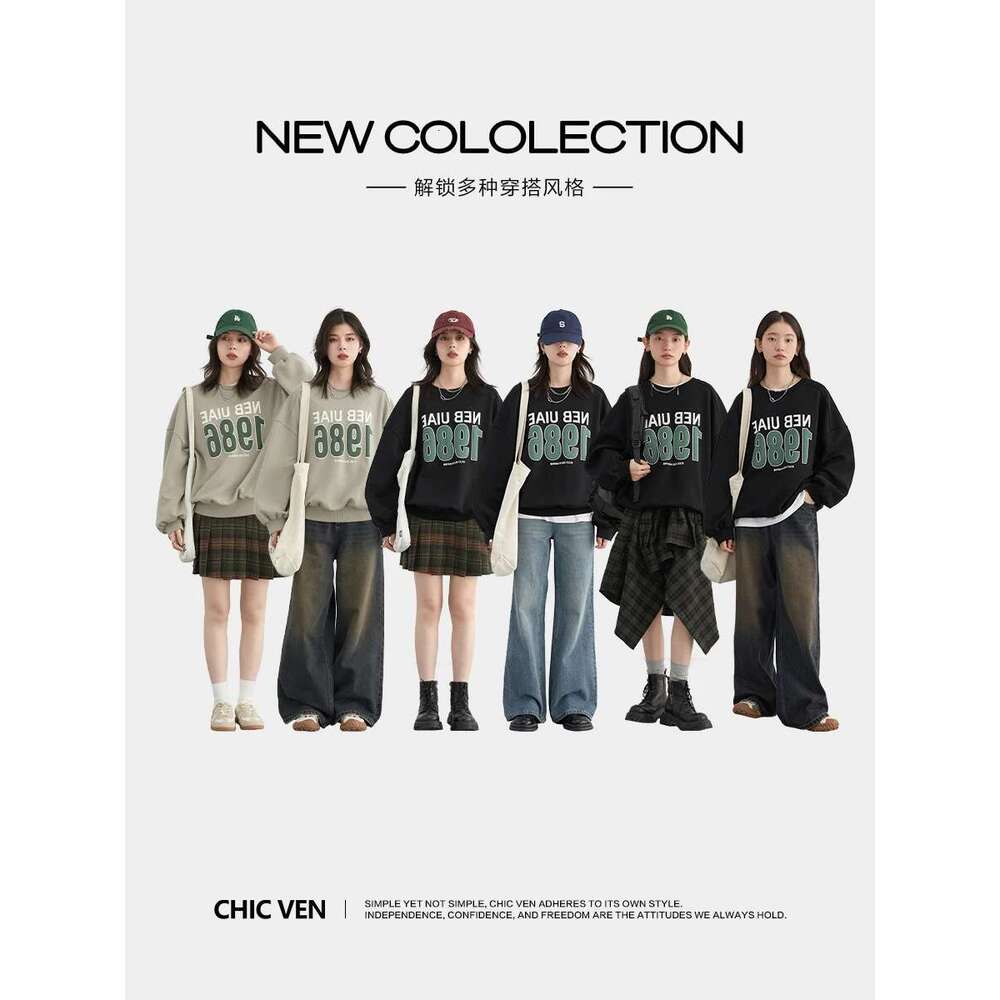 CHIC VEN Women Sweatshirts New Round Neck Letter Printed Hoodie Loose Oversized Female Top Autumn Spring 2024