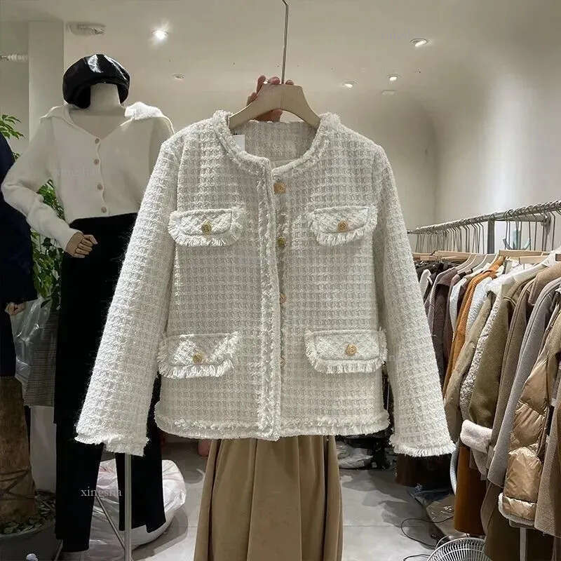 Womens Jackets Winter Warm Padding White Duck Down Liner Korean Tweed Jacket Women Elegant O Neck Long Sleeve Quilted Coat Vintage Outerwear 221007
