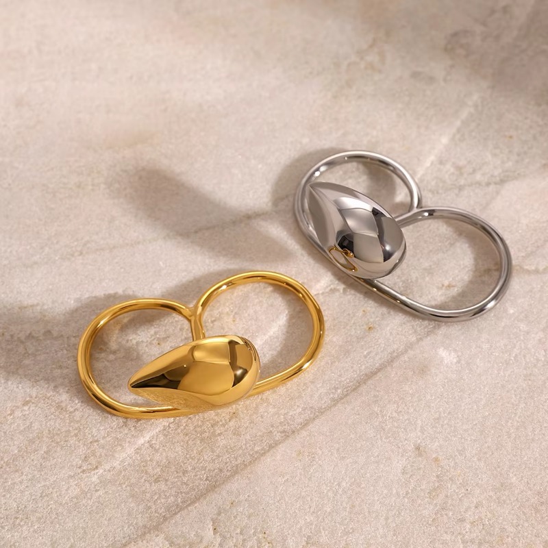Luxury Stainless Steel 18K Gold Plated Ring Women Jewelry Fashionable Water Drop Double Finger Ring Size 7
