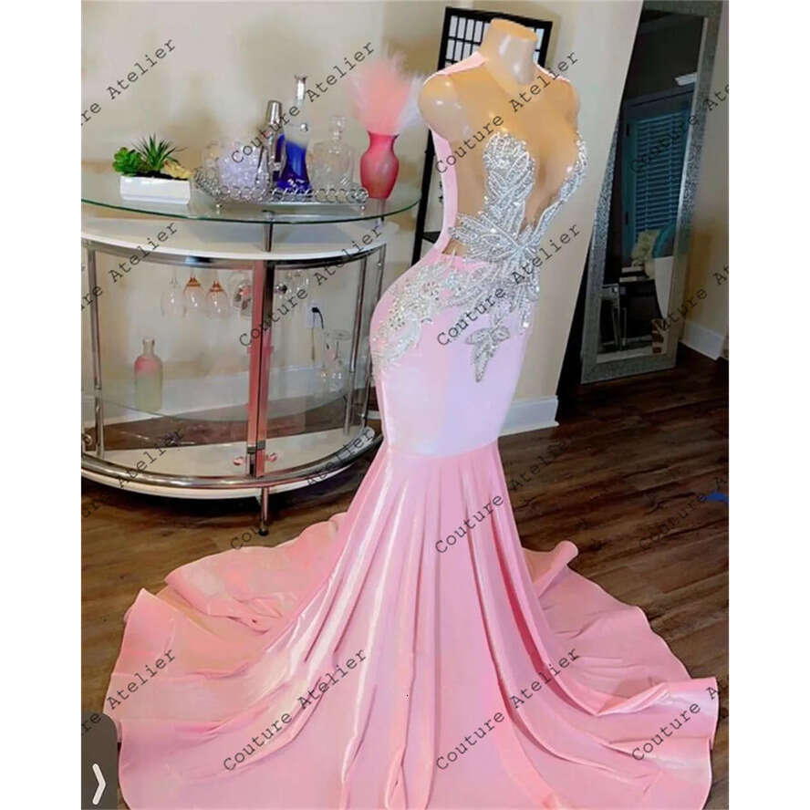 Sier Beaded Pink Prom Dresses For Black Girls Mermaid Dress Party Evening Elegant Celebrity Formal Gowns O Neck Robe