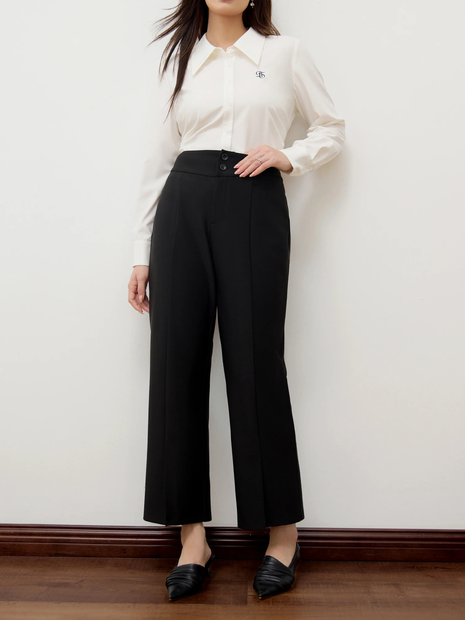 DUSHU 2 lengths Womens Black Set Pants High Waist Back Elastic Waist Diagonal Trouser Office Womens Flash Pants 24DS83324 241023