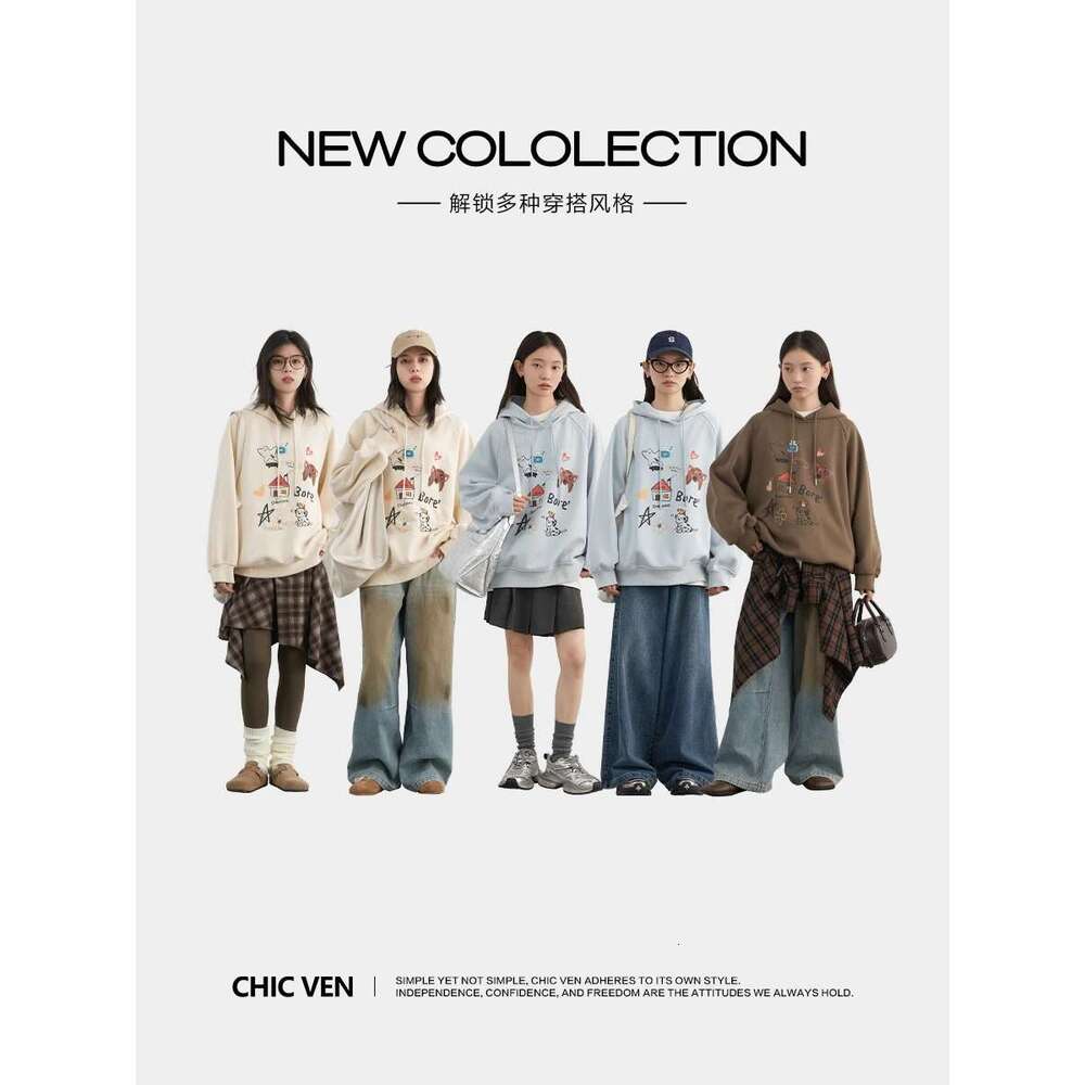 CHIC VEN Women Sweatshirts Loose New Streetwear Casual Hooded Printed Long Sleeved Female Fleece Top Autumn Winter 2024