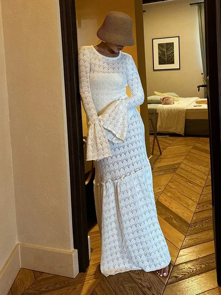 Womens elegant O-neck sexy hollow pleated sleeve dress autumn Russian womens knitted long dress A2935 241024