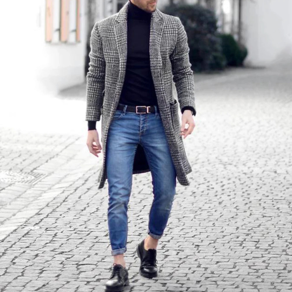 Mens intelligent style casual fashion autumn and winter trend retro medium long hunting dog stone wool coat suitable for young and handsome jackets 24