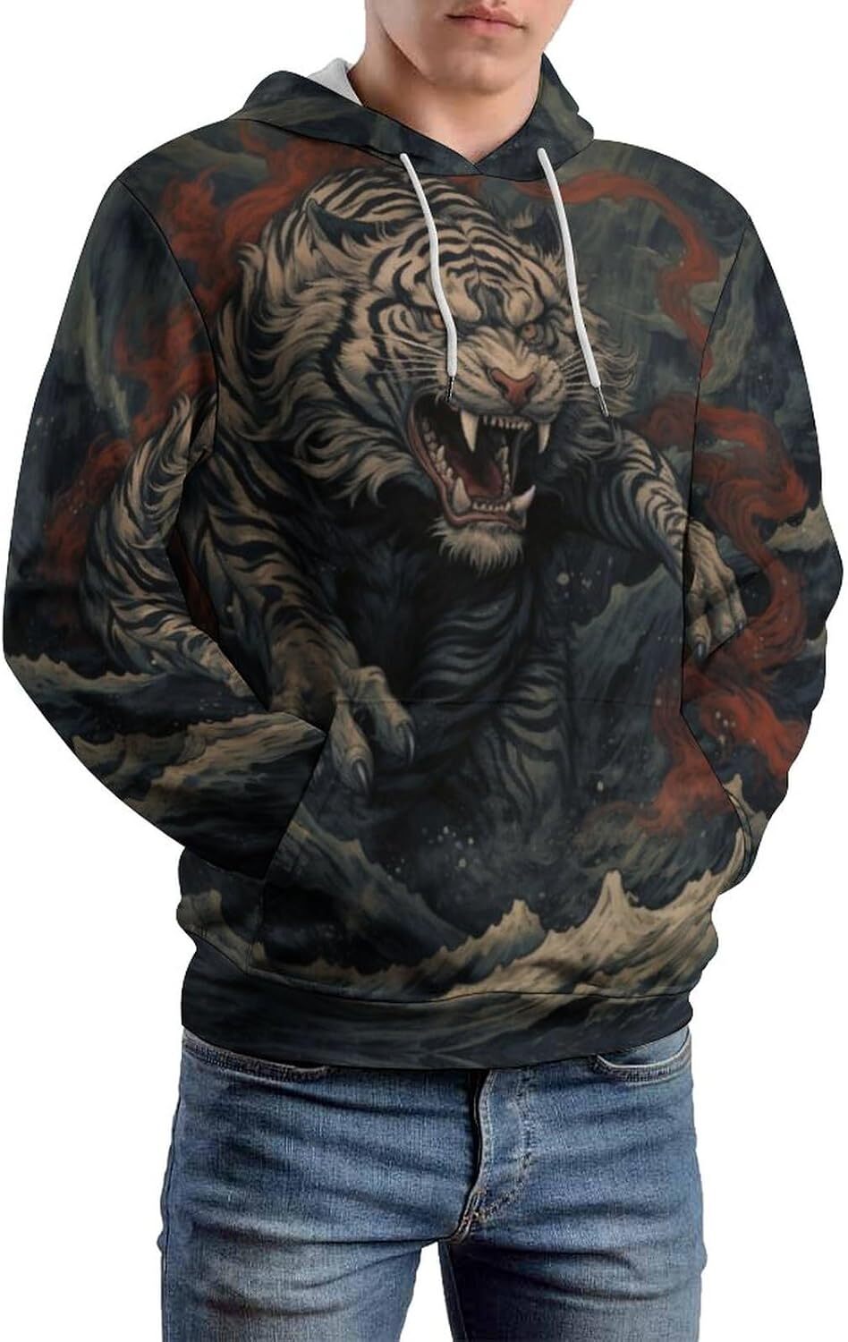 Hoodie for Mens Womens Mens Tiger Graphic 3D Fashion is cool Print Hooded Sweatshirts Pullover Top with Pocket Graphic Hoodies sweatshirt Pullover Lon