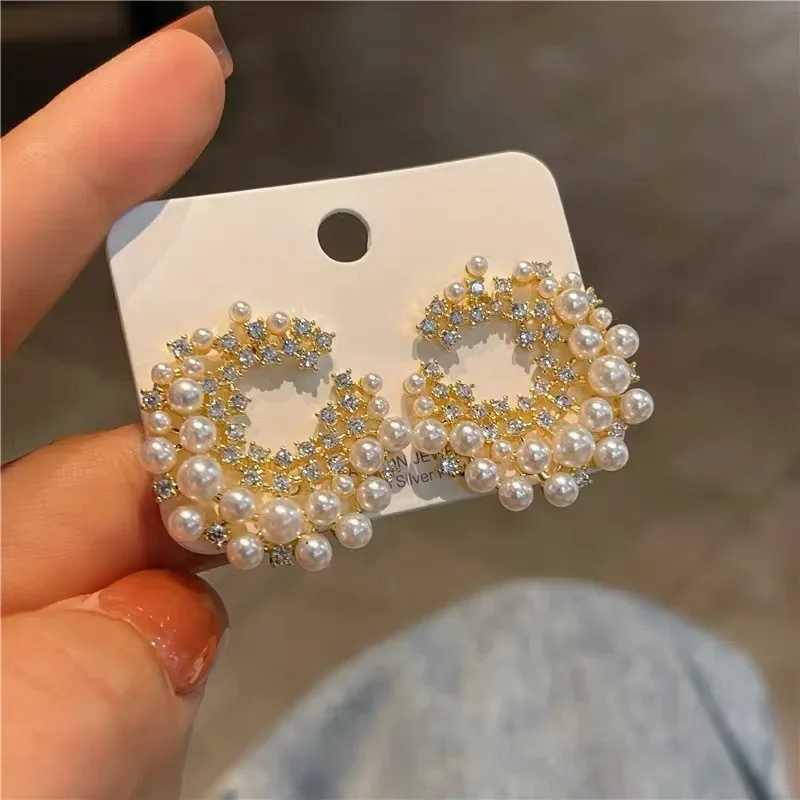 Geometric Circular Imitation Pearl Stud Earrings Round Rhinestone Accessories For Women Bridal Wedding Earring Party JewelryX241023