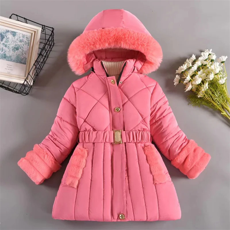 Winter girls with velvet warm coat childrens hooded thick coat childrens clothing fashionable long park girls aged 4-12 241024