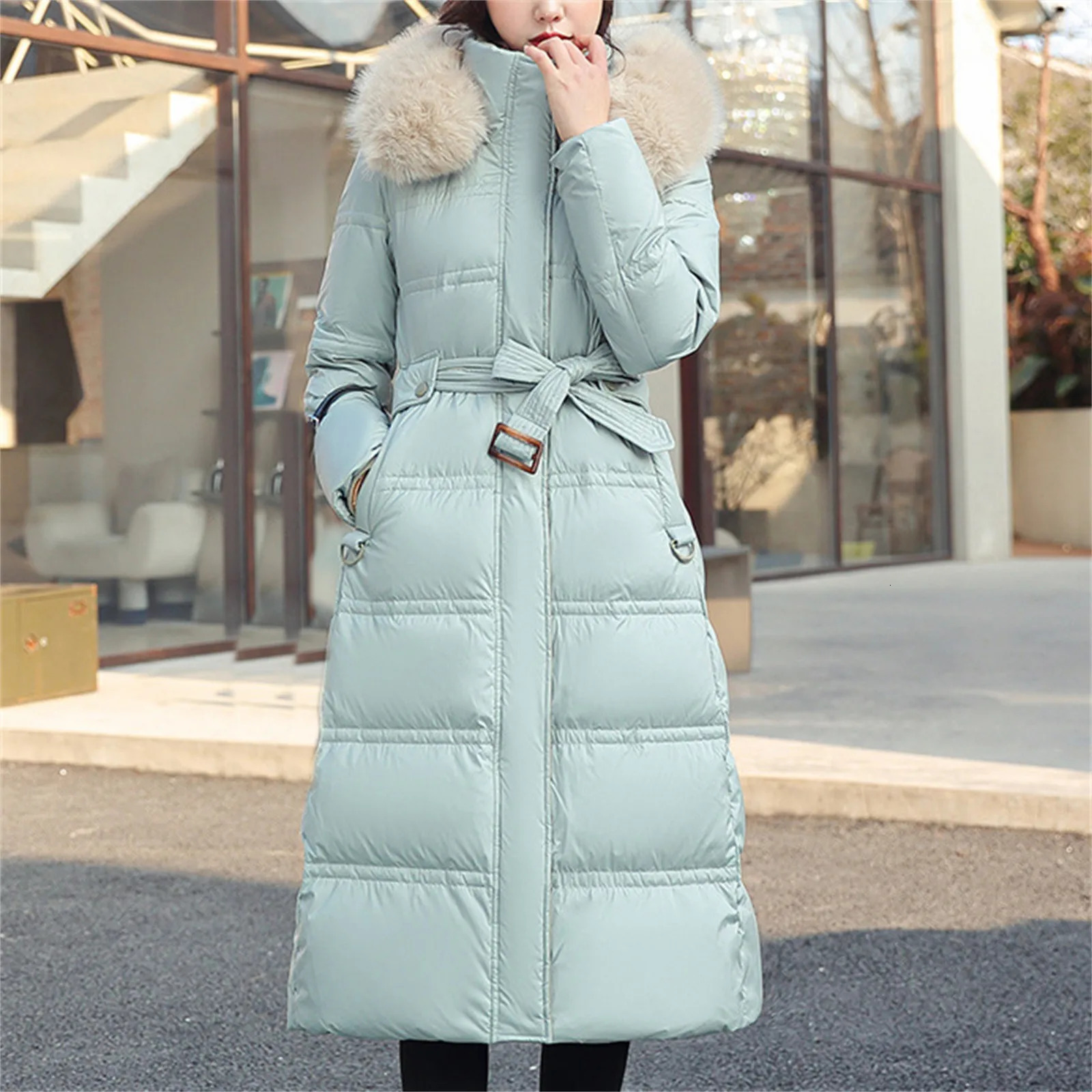 Womens long winter inflatable jacket with belt maximum down jacket fur collar detachable hooded park winter thick warm snow coat 241023