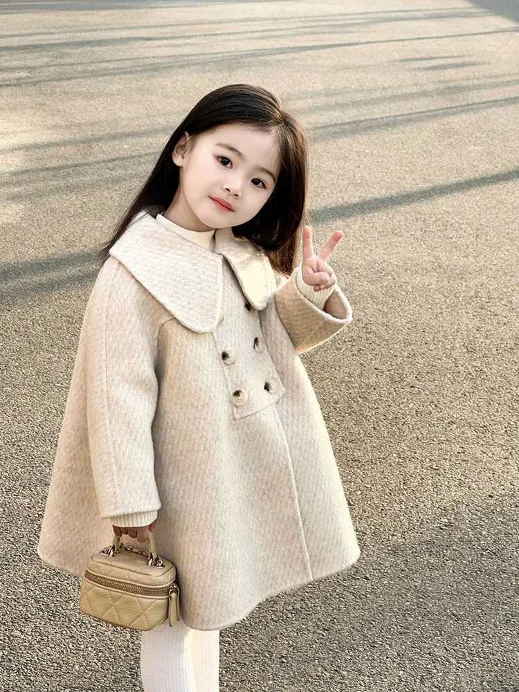 Korean childrens clothing girls wool coat autumn and winter new product baby slider doll collar medium length coat W241023