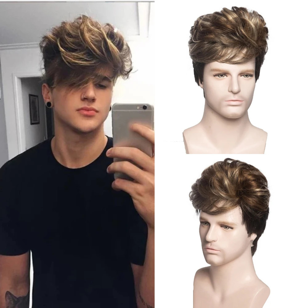 MSIWIGS Men Short Straight Wig Ombre Grey Brown Synthetic Wig White for Male Hair Fleeciness Realistic Natural Headgear 241024